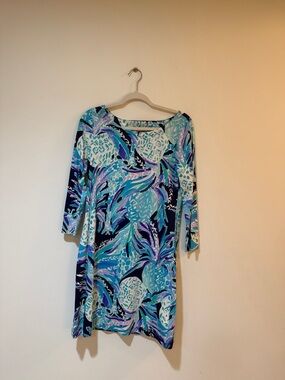 Lilly Pulitzer Navy, Teal & Light Blue Tropical Print Long-Sleeve Shift Dress